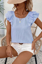 Load image into Gallery viewer, Beau Blue Textured Bow Knot Frilled Butterfly Sleeve Blouse
