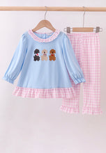 Load image into Gallery viewer, Blue puppy embroidery ruffle pants set
