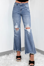 Load image into Gallery viewer, Dusk Blue High Rise Ripped Distressed Hem Flared Jeans

