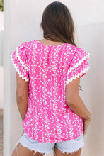 Load image into Gallery viewer, Pink Floral Print Ric-rac Tiered Ruffled V Neck Blouse
