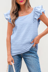 Beau Blue Textured Bow Knot Frilled Butterfly Sleeve Blouse