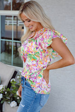 Load image into Gallery viewer, Purple Abstract Printed Ruffled Short Sleeve Notched Neck Blouse

