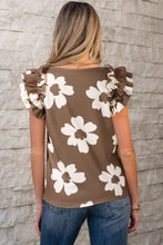 Load image into Gallery viewer, Brown Floral Textured Ruffled Short Sleeve Square Neck Blouse
