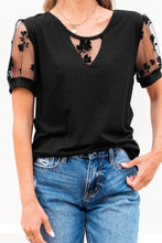 Load image into Gallery viewer, Black Flora Lace Patchwork Crew Neck T Shirt
