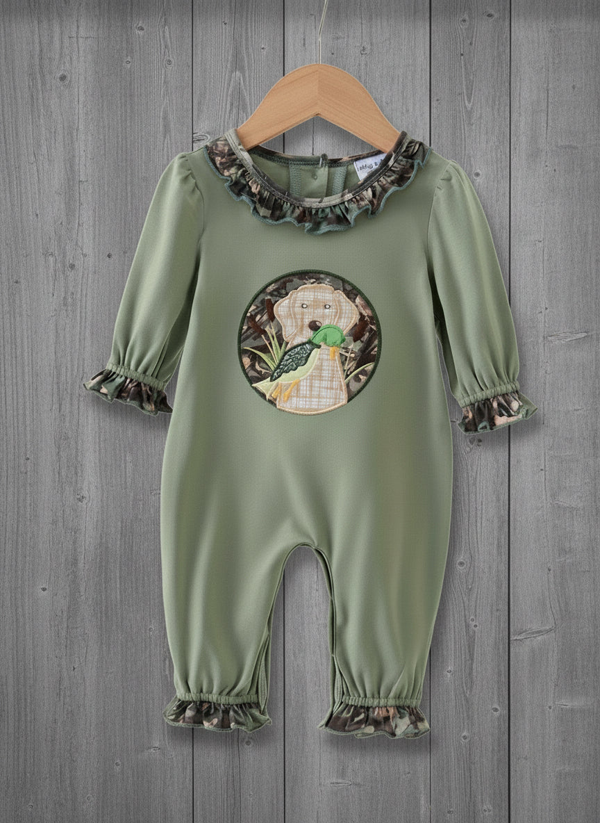 Girls camo applique ruffle romper
