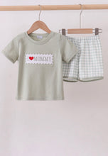 Load image into Gallery viewer, Boy Green I love MOMMY smocked gingham shorts set
