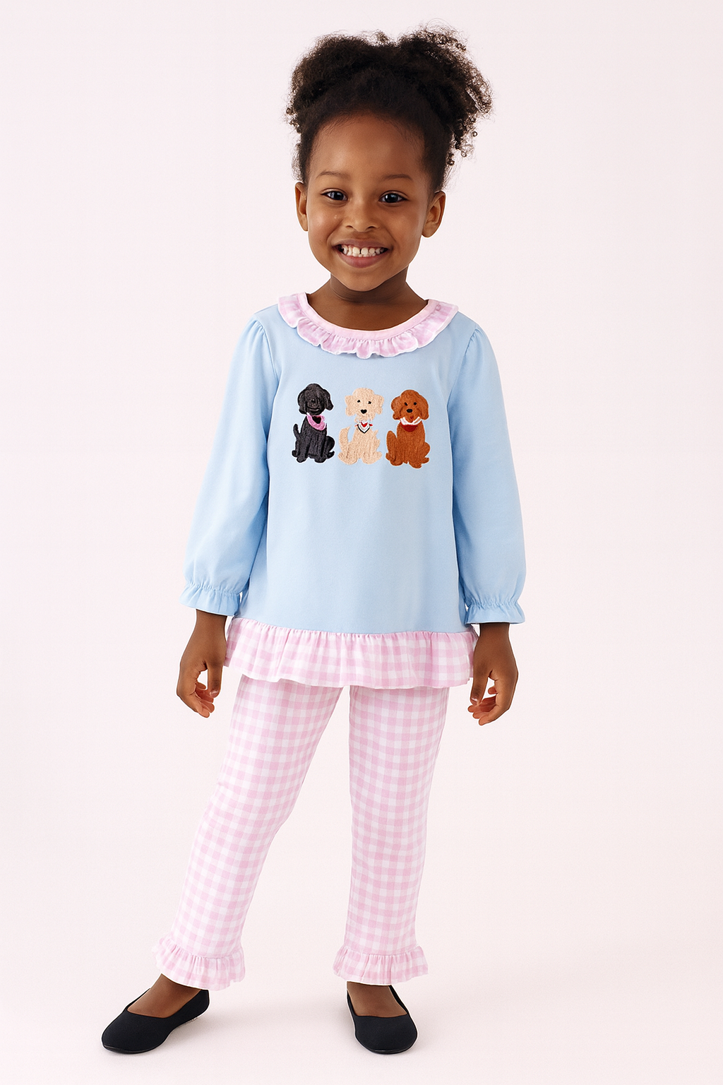 Blue puppy embroidery ruffle pants set