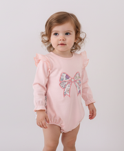 Load image into Gallery viewer, Pink floral bow applique ruffle bubble
