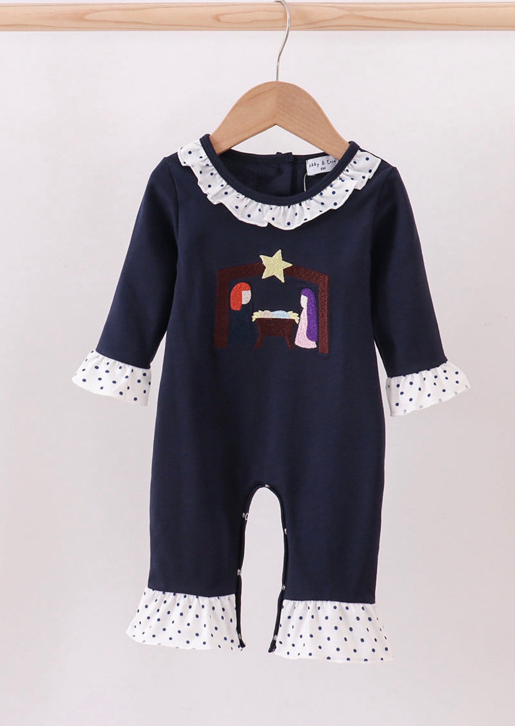 Navy nativity embroidery ruffle romper