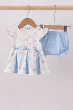 Load image into Gallery viewer, Girl Blue floral bow bloomer set
