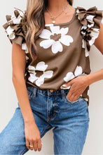 Load image into Gallery viewer, Brown Floral Textured Ruffled Short Sleeve Square Neck Blouse
