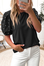 Load image into Gallery viewer, Black Ribbed Pearl Beaded Puff Sleeve Top
