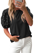 Load image into Gallery viewer, Black Ribbed Pearl Beaded Puff Sleeve Top
