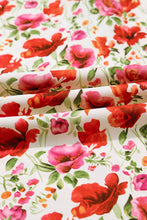 Load image into Gallery viewer, Red Floral Print Striped Patchwork Collared Short Sleeve Blouse
