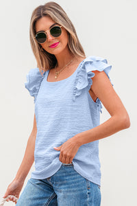 Beau Blue Textured Bow Knot Frilled Butterfly Sleeve Blouse