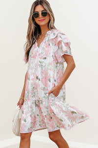 Pink Floral Contrast Edge Layered Short Sleeve Mini Dress