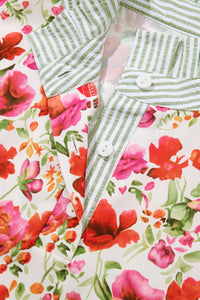 Red Floral Print Striped Patchwork Collared Short Sleeve Blouse