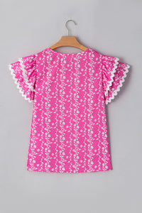 Pink Floral Print Ric-rac Tiered Ruffled V Neck Blouse