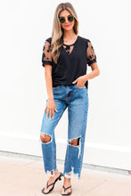 Load image into Gallery viewer, Black Flora Lace Patchwork Crew Neck T Shirt
