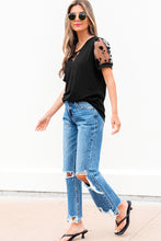 Load image into Gallery viewer, Black Flora Lace Patchwork Crew Neck T Shirt
