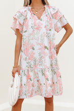 Load image into Gallery viewer, Pink Floral Contrast Edge Layered Short Sleeve Mini Dress
