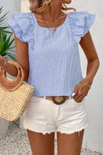 Load image into Gallery viewer, Beau Blue Textured Bow Knot Frilled Butterfly Sleeve Blouse
