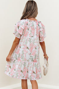 Pink Floral Contrast Edge Layered Short Sleeve Mini Dress