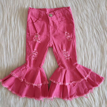 Load image into Gallery viewer, Pink Ruffle distressed denim
