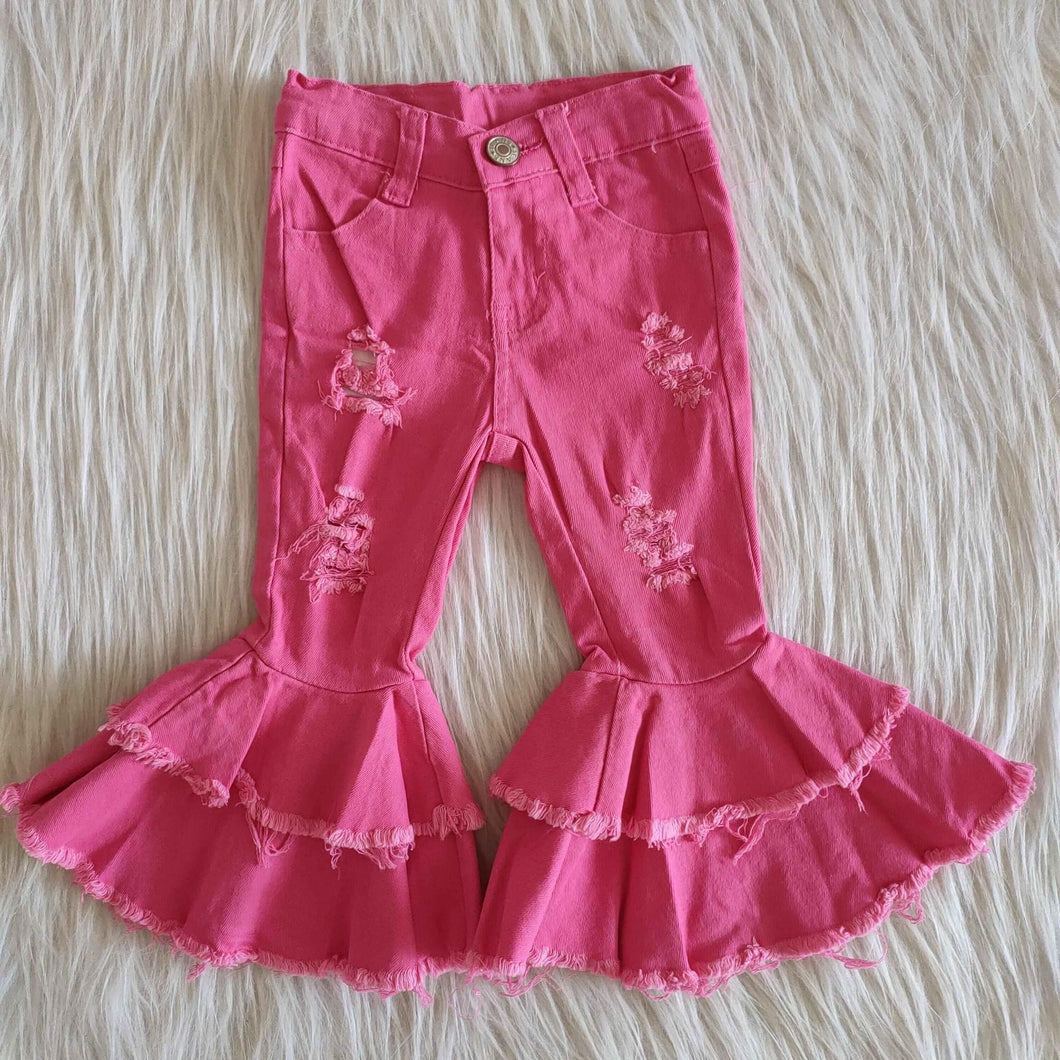 Pink Ruffle distressed denim