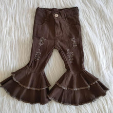 Load image into Gallery viewer, Brown Ruffle distressed denim
