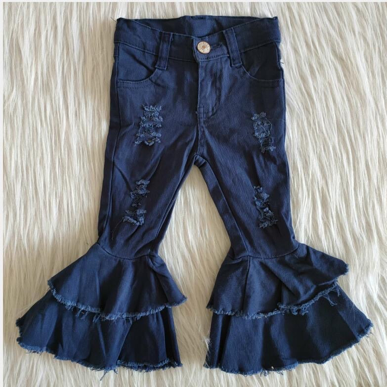 Navy Ruffle distressed denim