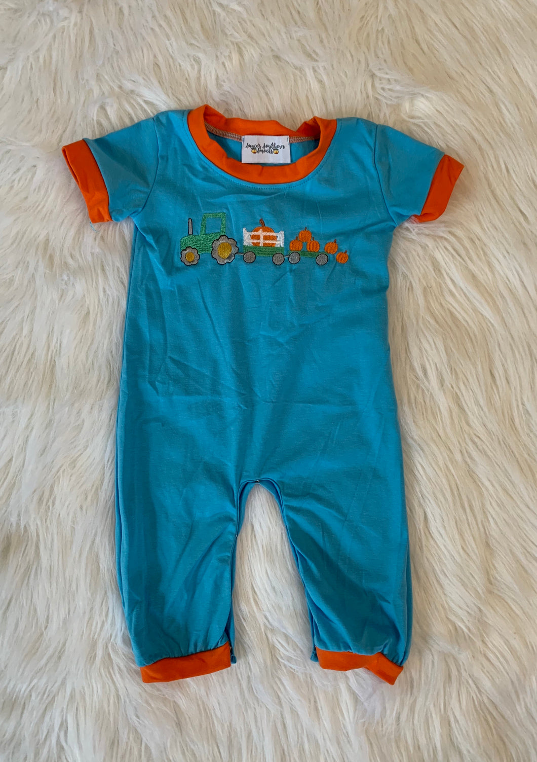 Tractor pumpkin boy romper